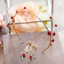 Girls' Gold Plated Mini Red Flowers Headband Earrings Set Wedding Bridal Jewelry