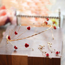 Girls' Gold Plated Mini Red Flowers Headband Earrings Set Wedding Bridal Jewelry