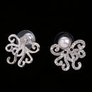 Silver Plated Clear Rhinestone Octopus Stud Earrings Women's Jewelry