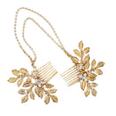 Gold Rhinestones Leaves Hair Combs Set Head Chain Wedding Hair Jewelry