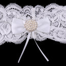 Romantic Wedding Bridal Lace Garter Pearls Rhinestone Bow Garter White
