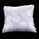 Romantic Grid Wedding Ring Pillow Satin Rhinestone Ring Cushion Bearer White 20x20cm