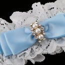 Novelty Wedding Bridal Lace Garter Pearls Rhinestone Satin Bow Thigh Ring Keepsake White and Blue