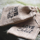 Pack of 12 Drawstring Burlap Bags Love is Sweet Printed Snacks Jewelry Jute Pouches Wedding Favours