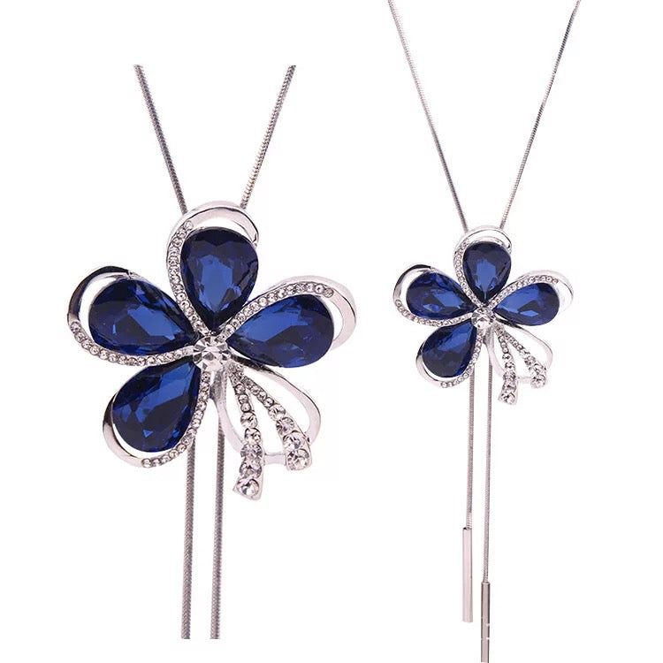 Fashion Blue Crystal Rhinestones Flower Necklace Sweater Chain Statement Necklaces for Women