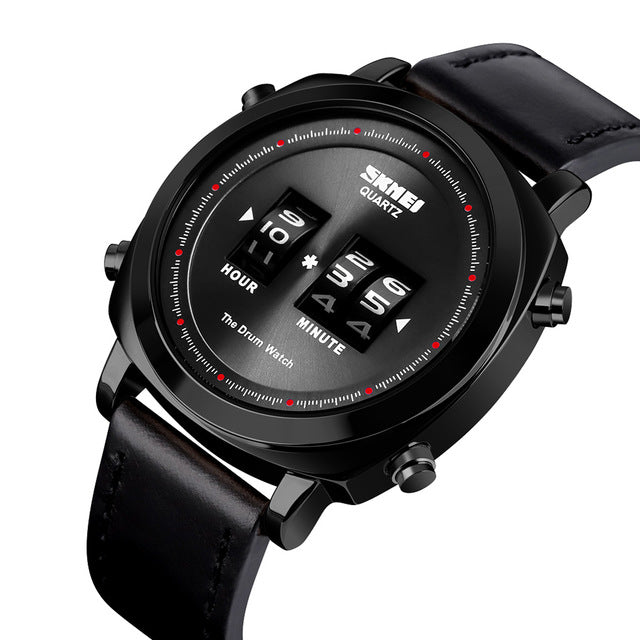 SKMEI 1519 Creative Rolling Time Display Leather Strap 30M Waterproof Men Watch Quartz Watch