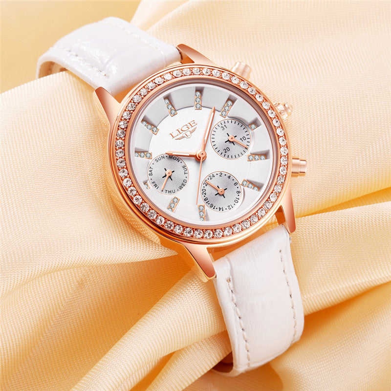 LIGE 9812 Elegant Design Date Display Ladies Wrist Watch Diamonds Leather Band Quartz Watches