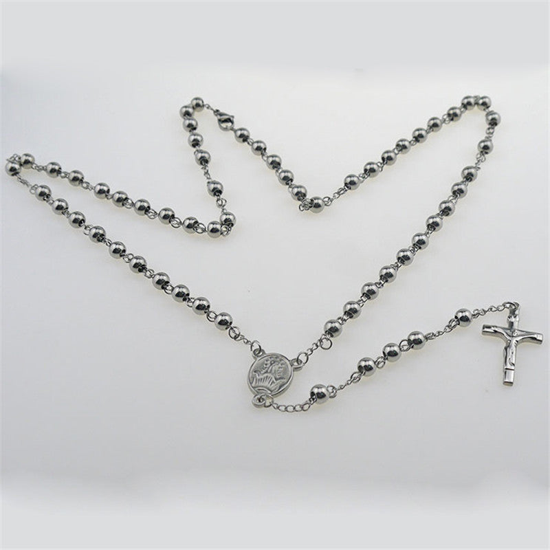 4/5/6/8mm Silver Tone Crossed Pendant Stainless Steel Bead Chain Jesus Christ Rosary Long Necklace Mens Womens Jewelry