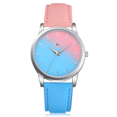 DEFFRUN HJ1317  Candy Color Gradient Stitching Leather Strap Simple Design Fashion Women Watch Quartz Watch