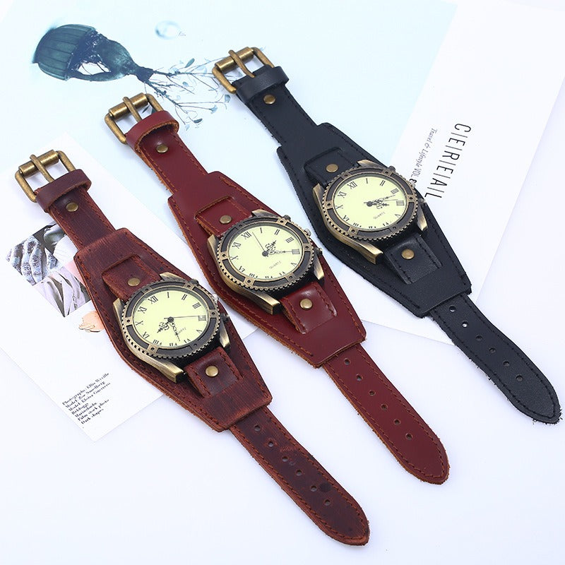 Retro Punk Style Leather Bands Men Fashion Pointer Quartz Watch