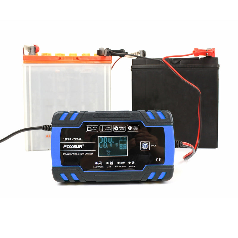 FOXSUR 12/24V 8A/4A Touch Screen Pulse Repair LCD Battery Charger Blue For Car Motorcycle Lead Acid Battery Agm Gel Wet