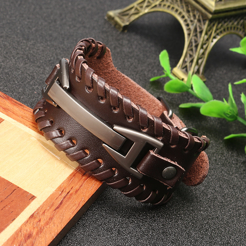 Punk Genuine Leather Bangle Chain Handmade Alloy Woven Wide Adjustable Men Bracelet