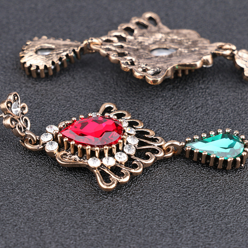 Ethnic Tassel Earring Openwork Drop-shaped Ruby Glass Crystal Temperament Earrings for Women