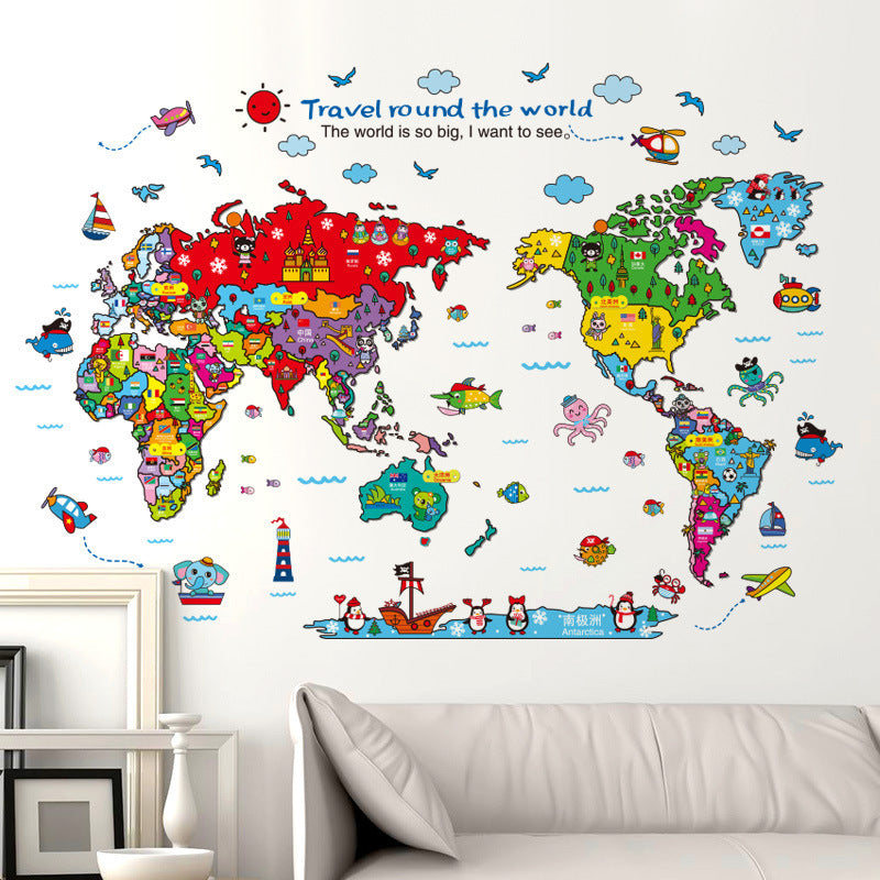 Cartoon Animals World Map Wall Stickers for Kids Room Decorations Safari Mural Art Zoo