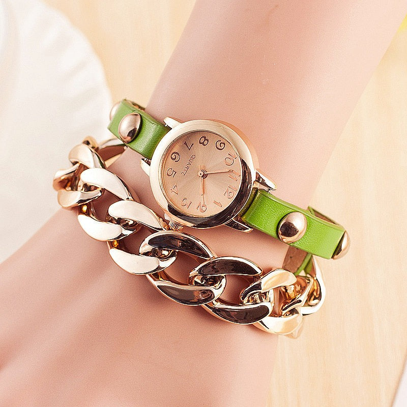 Fashion Women Winding Bracelet Watch Leather Band Ladies Dress Quartz Watch