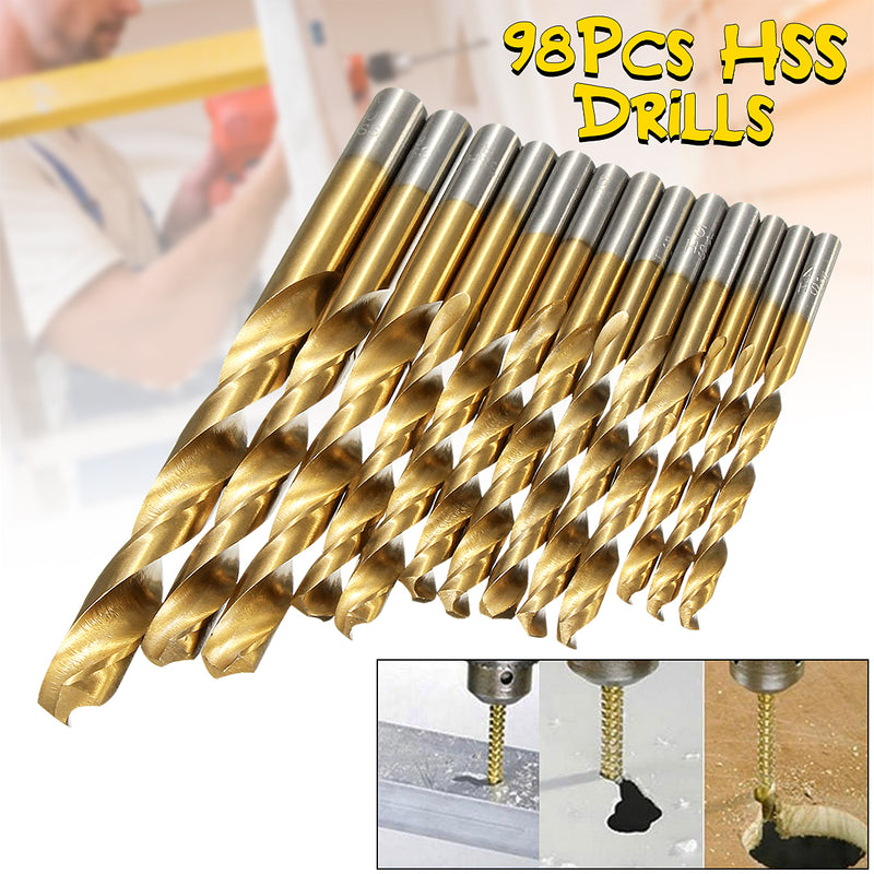 98pcs 1.5mm-10mm HSS Titanium Coated Twist Drill Bit Set for Metal Wood Drilling