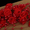 5Meters Satin Flower Handmade Artificial Pearl Bead Chain Trim Wedding Clothes Accessories Handbag DIY Red