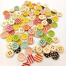 100Pieces Mixed Striped Dots Wooden Round Shape 2 Holes Buttons for Sewing Crafting Scrapbooking DIY 15mm