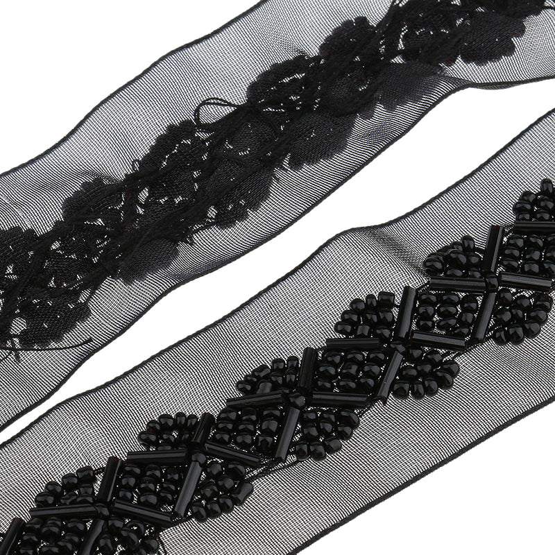 1 Yard Black Glass Beads Beaded Chain Ribbon Trim Applique for Sewing Crafts DIY