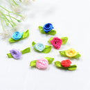100 Pieces Satin Ribbon Tiny Rolled Rose Bud Flower with Green Satin Leaves Wedding Decor Craft Sewing Applique DIY