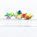 100 Pieces Satin Ribbon Tiny Rolled Rose Bud Flower with Green Satin Leaves Wedding Decor Craft Sewing Applique DIY