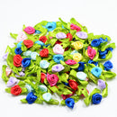 100 Pieces Satin Ribbon Tiny Rolled Rose Bud Flower with Green Satin Leaves Wedding Decor Craft Sewing Applique DIY