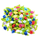 100 Pieces Satin Ribbon Tiny Rolled Rose Bud Flower with Green Satin Leaves Wedding Decor Craft Sewing Applique DIY