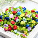 100 Pieces Satin Ribbon Tiny Rolled Rose Bud Flower with Green Satin Leaves Wedding Decor Craft Sewing Applique DIY
