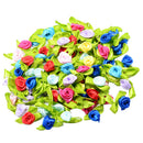 100 Pieces Satin Ribbon Tiny Rolled Rose Bud Flower with Green Satin Leaves Wedding Decor Craft Sewing Applique DIY