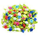 100 Pieces Satin Ribbon Tiny Rolled Rose Bud Flower with Green Satin Leaves Wedding Decor Craft Sewing Applique DIY
