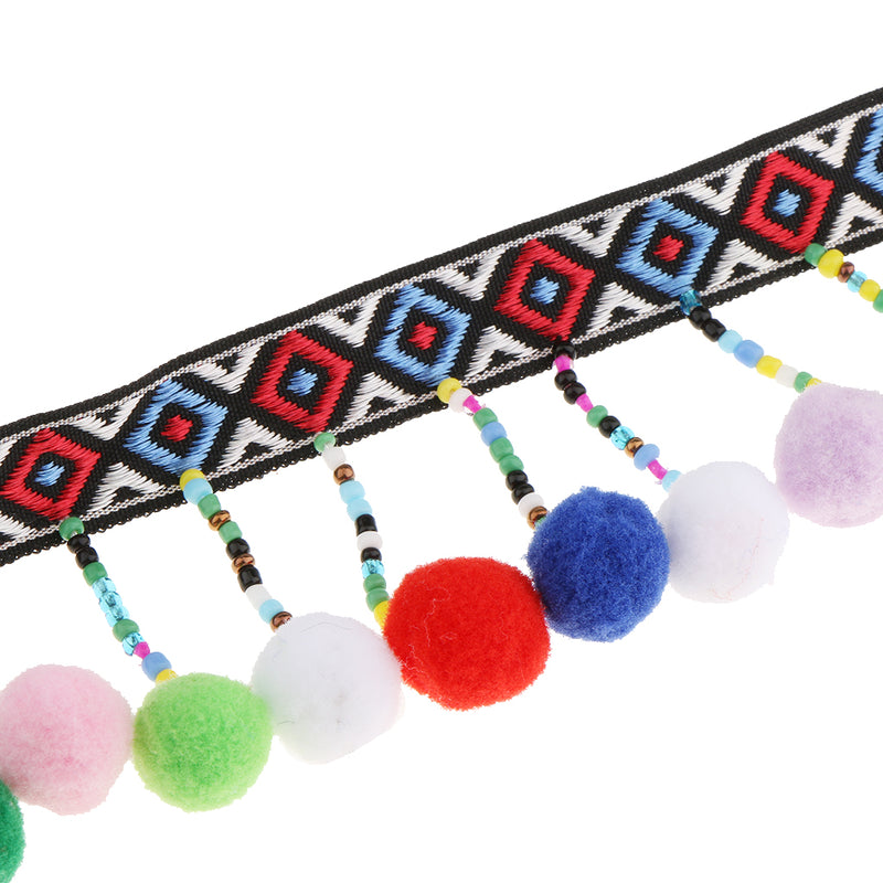 1 Yard Jacquard Beaded Pom Poms Tassel Lace Fabric Decorative Fringe Braid Trimming Ribbon Fabric DIY Embellishment Sewing Applique Accessories