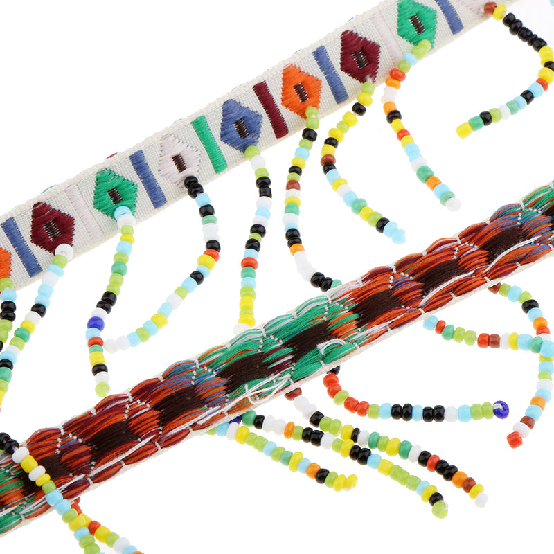 1 Yard Colorful National Style Glasses Beads Tassel Braid Jacquard Ribbon Trim Ribbon Sewing Embellishment for DIY Craft