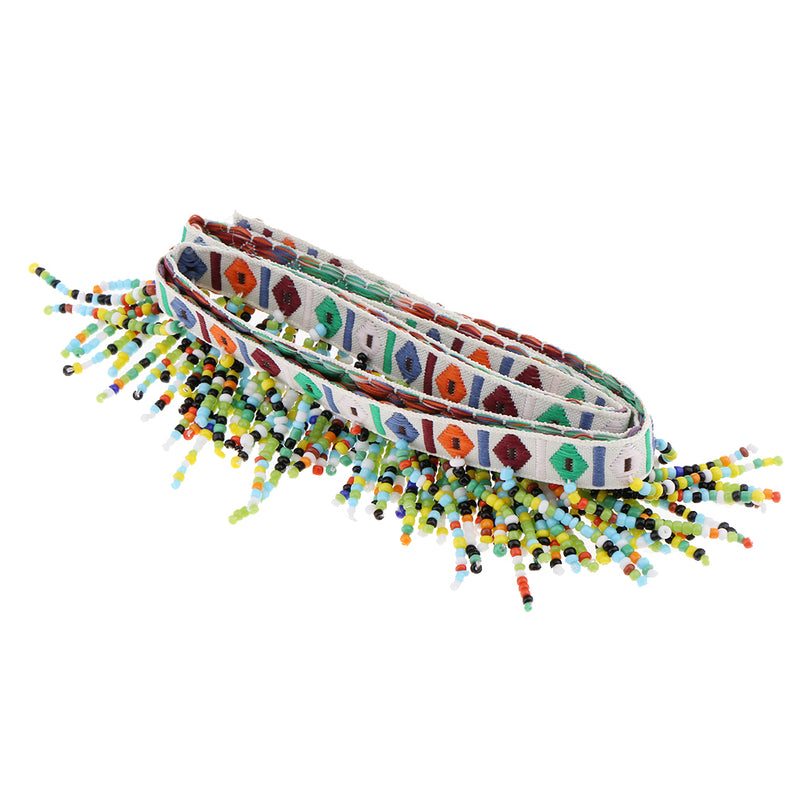 1 Yard Colorful National Style Glasses Beads Tassel Braid Jacquard Ribbon Trim Ribbon Sewing Embellishment for DIY Craft