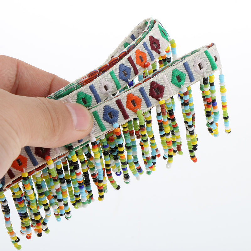 1 Yard Colorful National Style Glasses Beads Tassel Braid Jacquard Ribbon Trim Ribbon Sewing Embellishment for DIY Craft