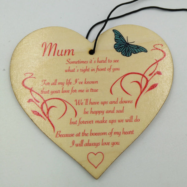 "Mum,I Love u" Wooden Heart Hanging Gift Plaque Wood Sign Tags Gift Family Sign