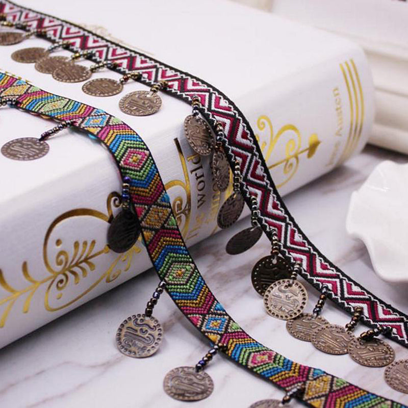1 Yard Width 35mm Copper Charms Tassel Lace Trim Bohemian Jacquard Fabric Ribbon Beaded Fringe Drop Handmade Sewing Clothes Curtains Costumes Accessories