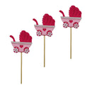 3 Pieces Felt Baby Stroller Shape Cake Toppers Baby Birthday Party Cake Picks Pink