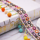 National Style Rainbow Ribbon Pom Pom Ball Fringe Tassel Lace Trim Upholstery Curtain Chair Bag Cushion Bohemia Dress Costume Sewing Edging Decorations 1 Yard x 70mm