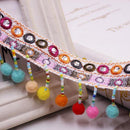 National Style Rainbow Ribbon Pom Pom Ball Fringe Tassel Lace Trim Upholstery Curtain Chair Bag Cushion Bohemia Dress Costume Sewing Edging Decorations 1 Yard x 70mm