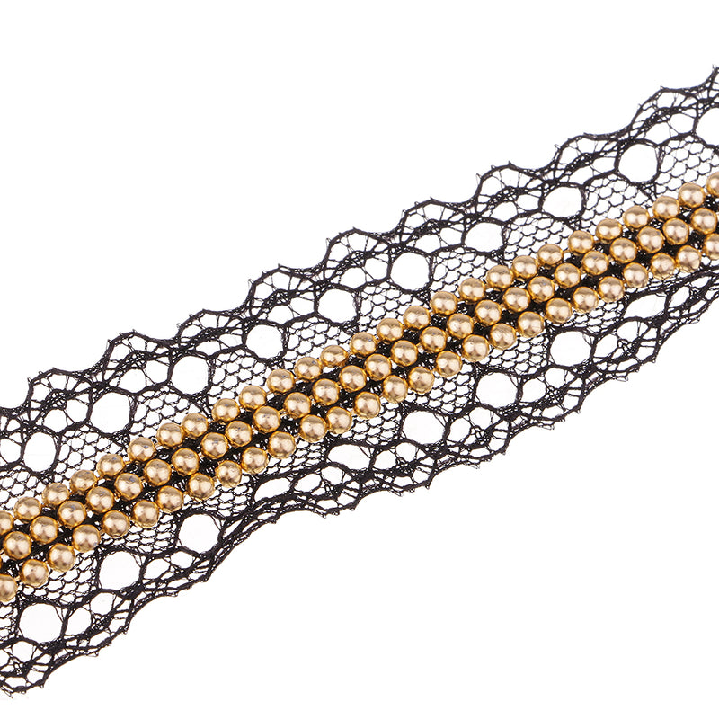 1 Yards 30mm Gold Pearl and Lace Beaded Trimming Stretch Lace Ribbon Trim Wedding Dress Costume Applique Motif DIY Craft Sewing Supplies