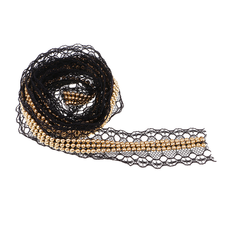 1 Yards 30mm Gold Pearl and Lace Beaded Trimming Stretch Lace Ribbon Trim Wedding Dress Costume Applique Motif DIY Craft Sewing Supplies