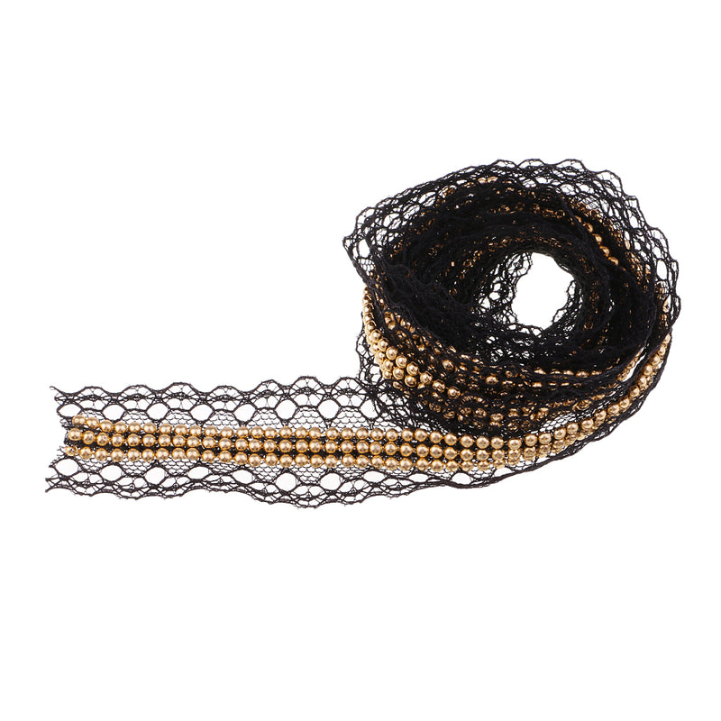 1 Yards 30mm Gold Pearl and Lace Beaded Trimming Stretch Lace Ribbon Trim Wedding Dress Costume Applique Motif DIY Craft Sewing Supplies