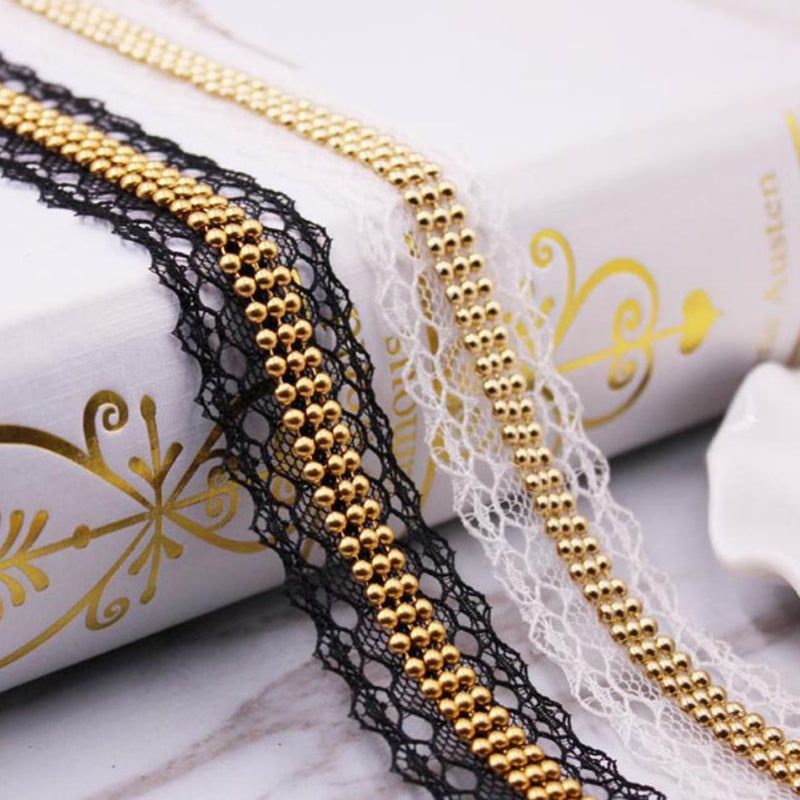 1 Yards 30mm Gold Pearl and Lace Beaded Trimming Stretch Lace Ribbon Trim Wedding Dress Costume Applique Motif DIY Craft Sewing Supplies