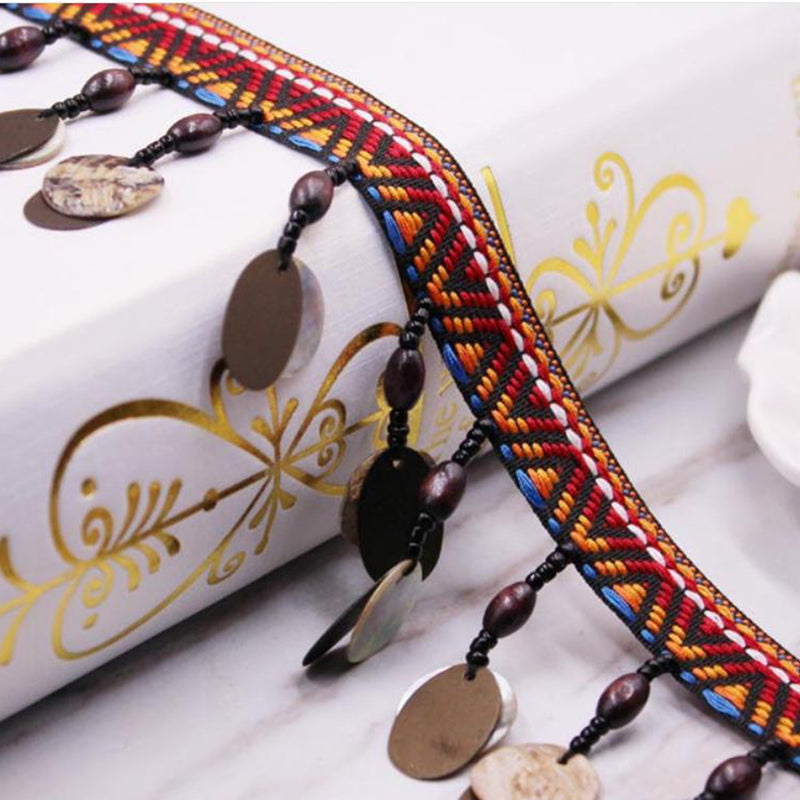 1 Yard Ethnic Sequin Shell Beaded Tassel Edging Fringe Trim for Sewing DIY Craft Millinery Clothing Decoration