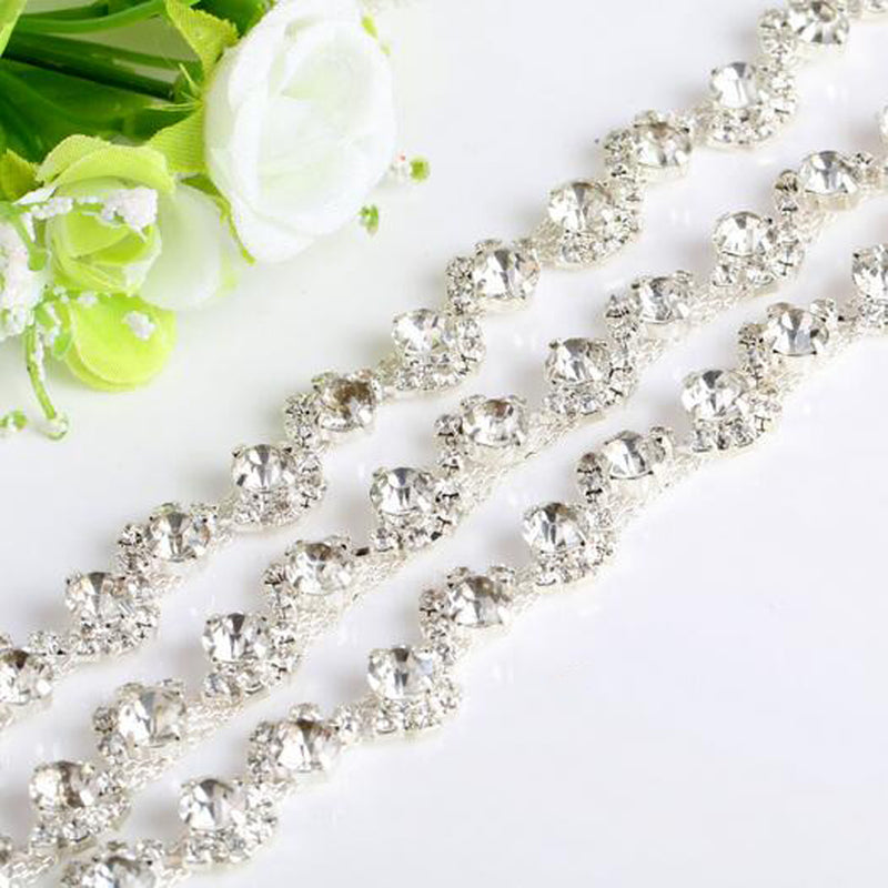 1 Yard Alloy Crystal Rhinestone Chain Beaded Ribbon Trim Sewing Applique Embellishment for Wedding Bridal Dress Clothing Decoration