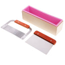 Rectangular 900ml Cavity Silicone Soap Mold Loaf with Wood Box and Stainless Steel Wavy & Straight Soap Mold Loaf Garnish Cake Cutter Cutting Tool