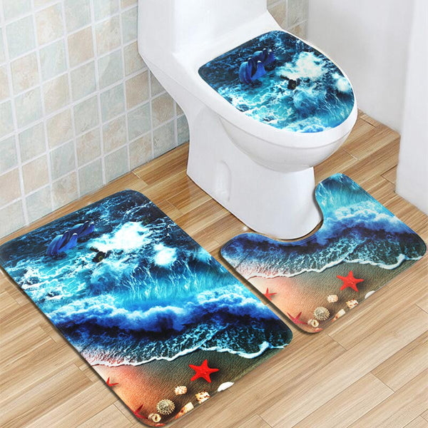 Flannel Mat Set Toilet Cover Set Non Slip Bathroom Underwater World Carpet Rug Floor Mat