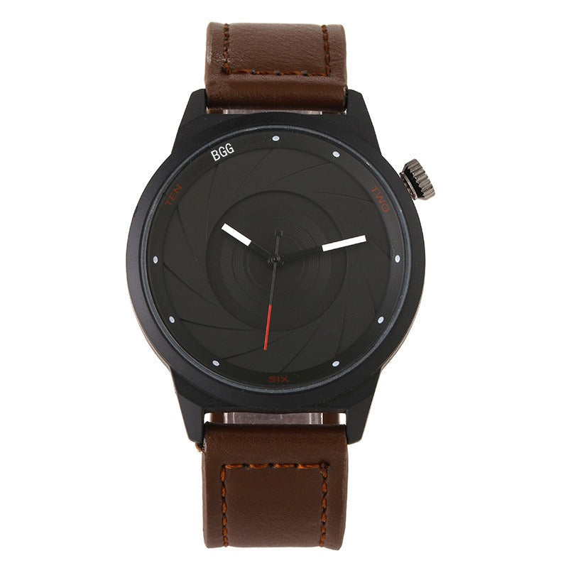 Creative Men Leather Strap Simple Back Aperture Pattern Dial White Needle Quartz Watch