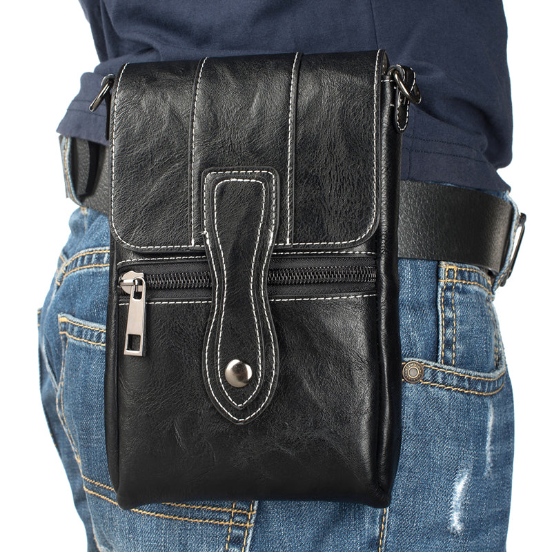Men High Capacity Portable Genuine Leather Waist Bag For Mobile Phone Under 6 Inches