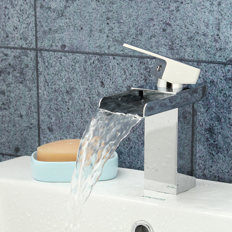 Chrome One Handle Waterfall Tap Bathroom Basin Sink Faucet Square Mixer Hot&Cold Tap